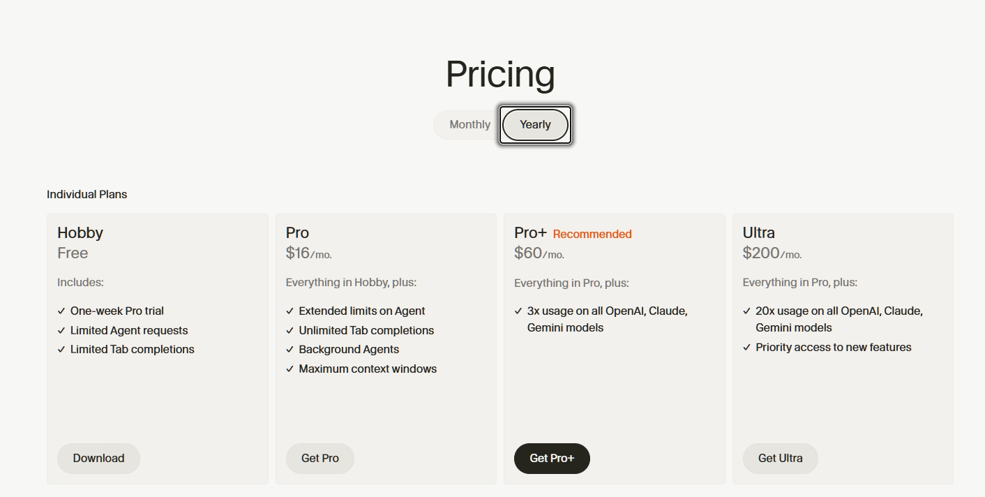 Cursor Individual Plans Yearly Pricing with annual discounts